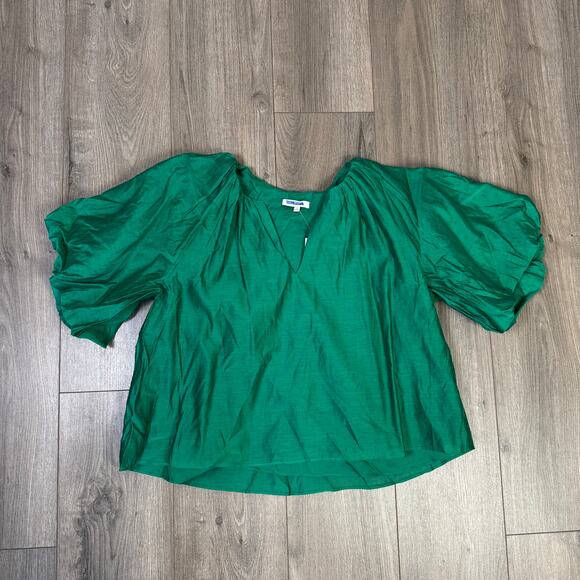 Madewell Bubble Sleeve Top Sz 8 Verdant Green Cotton Silk Split V-Neck Pullover - Picture 4 of 8